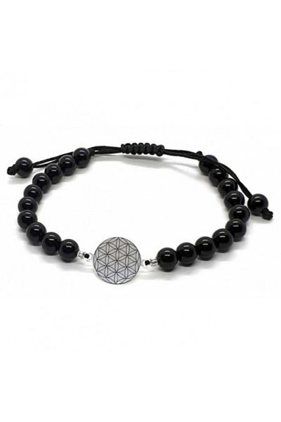 byRetroChique Onyx bracelet and engraved silver coin FLOWER OF LIFE