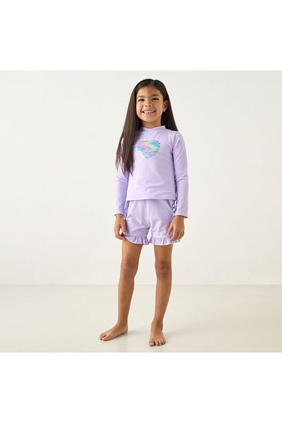 Juniors Heart Sequinned Long Sleeves Swim T-shirt and Shorts Set
