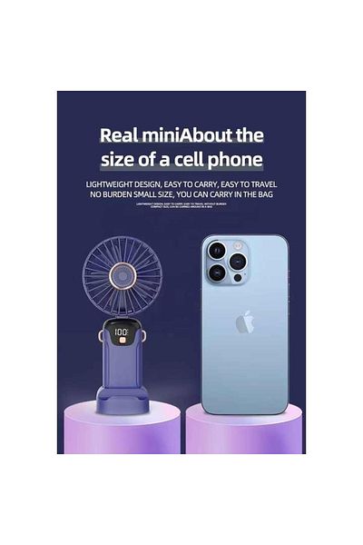 FOXMAG24 Ventilator De Mână Cu Suport Telefon, Afișaj, Pliabil, 3 Viteze, Usb, Abs, Albastru