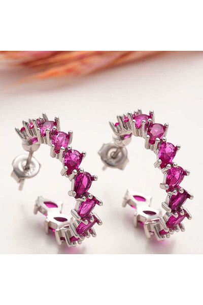 norsary Silver Pink Jewelled Drop Studded Women's Earrings