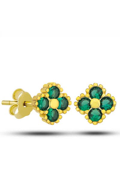 norsary Silver Gold Clover Studded Green Stone Children's Earrings