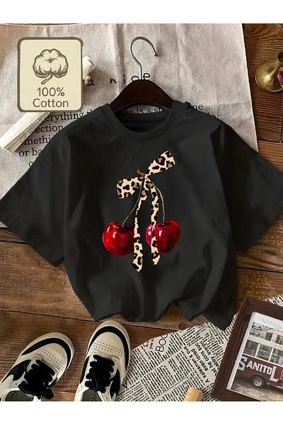 PENTHİLUS Casual Leopard Cherry Print T-Shirt for Women, Striped Design, Round Neck, Short Sleeves,