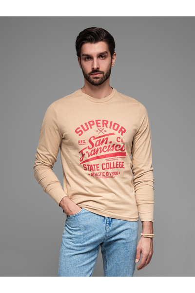 OMBRE Langarm-T-Shirt mit College-Print für Herren – Sand V1 OM-LSPT-0116 M