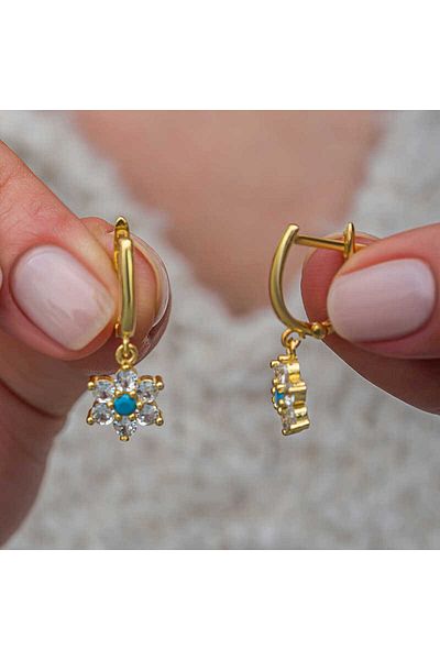 norsary Silver Blue Stone Gold Flower Earrings for Women