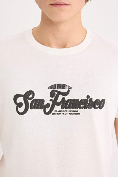 DeFacto Men's T-Shirt D5572Ax/Er105 Ecru