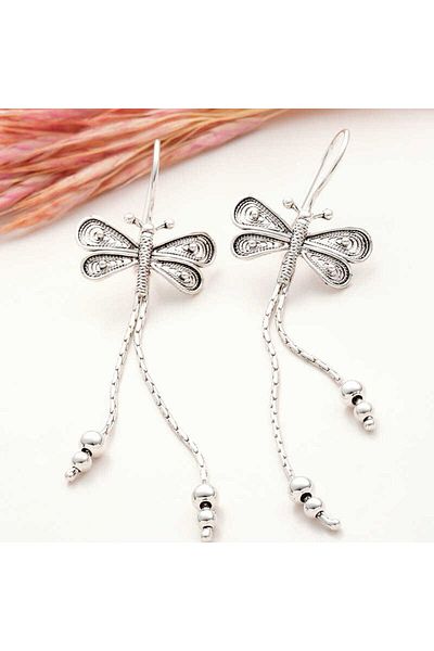 norsary Silver Filigree Dangle Dragonfly Women's Earrings