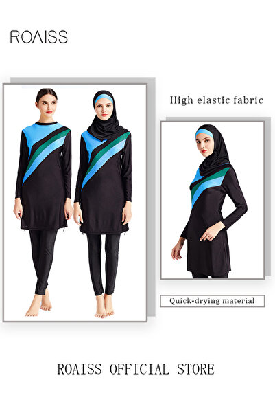 ROAISS 3-Piece Women Conservative Colorblock Swimsuit Set Muslim Sun Protection Swimwear Swimming Trousers