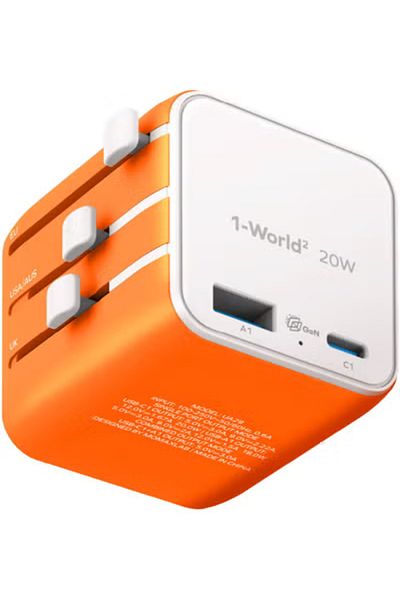 Momax 1-World 20W Universal 2 Port Travel Adaptor Volt 100-240V USB-C / USB-A - Orange