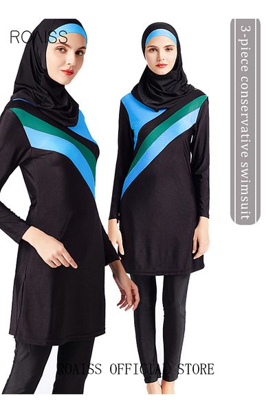 ROAISS 3-Piece Women Conservative Colorblock Swimsuit Set Muslim Sun Protection Swimwear Swimming Trousers