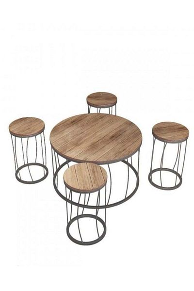 l'elefante 5-Piece Round Coffee Table Set – Iron Frame with Brown Wooden Top