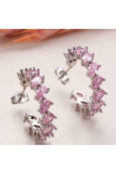 norsary Silver Powder Pink Jewelled Drop Studded Women's Earrings