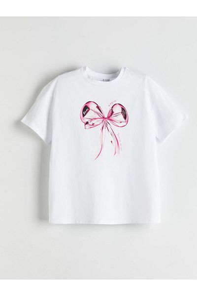 LC Waikiki Παιδικό μπλουζάκι για κορίτσια με στάμπα LCW Kids White Crew Neck Bow