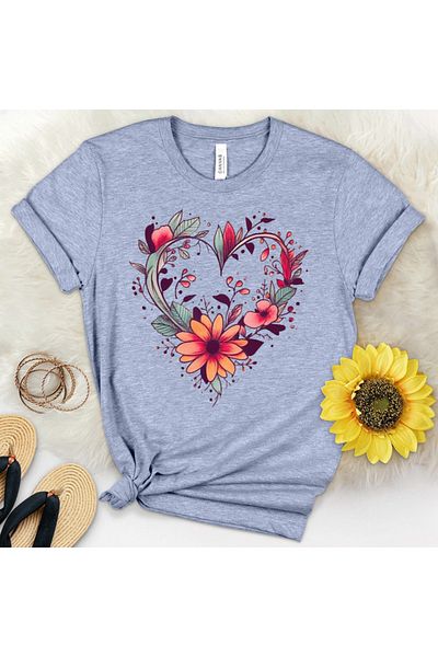 PENTHİLUS Heart Flower Pattern Printed Cotton T-Shirt. Soft and Comfortable T-Shirt for Women.
