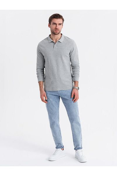 OMBRE Herren Langarmshirt mit Polokragen BASIC - grau meliert V4 OM-POBL-0114 S