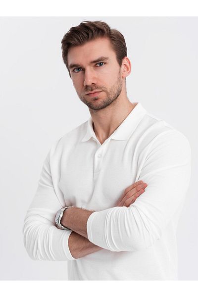 OMBRE BASIC Herren Longsleeve mit Polokragen - weiß V1 OM-POBL-0114 S