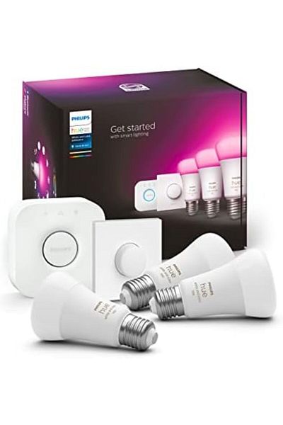 Philips Hue Quiet White Light Smart Bulb Starter 75W, 1100 Lumens [E27 Edison Screw] 3 Bulbs + 2 Sma