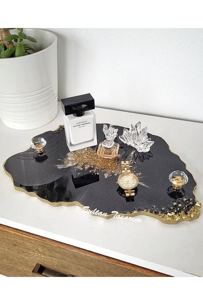Sultan Tasarım Gold Leaf Rectangular Wavy Patterned Two Person Promise Engagement Groom Presentation Epoxy Tray 18X28 cm