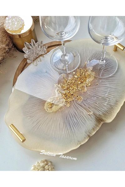 Sultan Tasarım Gold Leaf Rectangular Wavy Patterned Two Person Promise Engagement Groom Presentation Epoxy Tray 18X28 cm