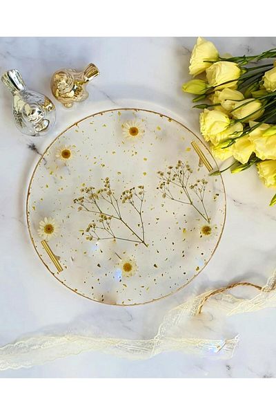 Sultan Tasarım Gold Foil Wavy Patterned Daisy Two Person Promise Engagement Groom Presentation Epoxy Tray 18X28 cm