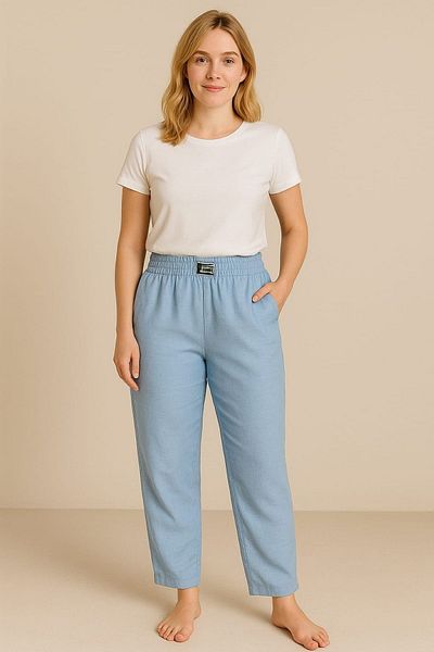enmodaiçgiyim Pantaloni de damă din in, albastru deschis, cu talie înaltă
