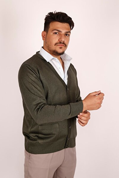 FATELLA Men's Dad Green Buttoned V-Neck Pocket Thin Knitwear Cardigan