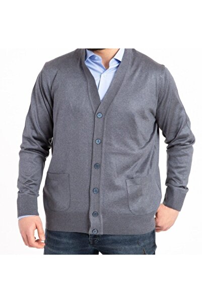 FATELLA Men's Dad Blue Buttoned V-Neck Pocket Thin Knitwear Cardigan