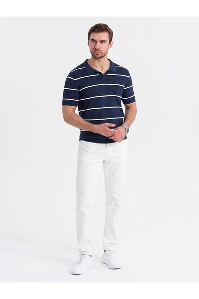 OMBRE Herren Poloshirt mit horizontalen Streifen und Viskose - Marineblau und Weiß V1 OM-POSS-0145 L