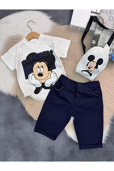 seanto Boy's Mickey Mouse Printed T-Shirt Shorts Set and Backpack