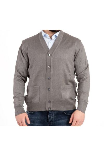 FATELLA Men's Dad Gray Buttoned V-Neck Pocket Thin Knitwear Cardigan