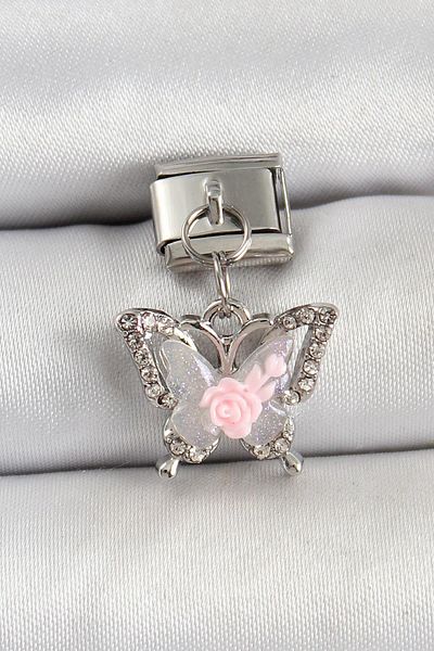 Celira Steel Hanging Rose Detailed Zircon Stone Butterfly Model Silver Color Nomination Charm