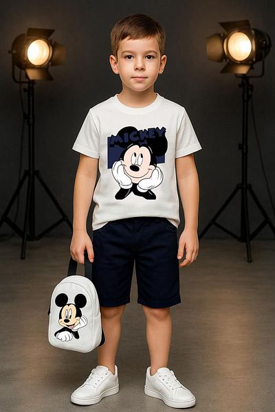 seanto Boy's Mickey Mouse Printed T-Shirt Shorts Set and Backpack