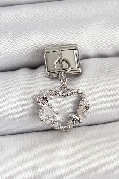 Celira Steel Dangle Zircon Stone Heart Model Silver Color Nomination Charm
