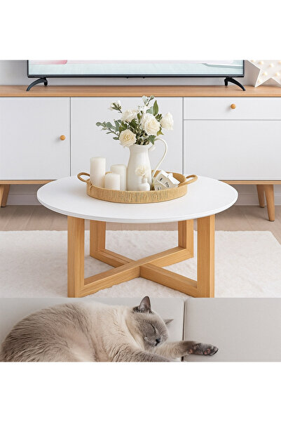Home Ahşap Ayaklı Beyaz MDF Yuvarlak Sehpa | 70 cm Modern Orta Sehpa