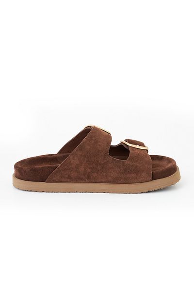 SOFT Women's Dark Brown Suede Double Buckle Comfortable Daily Slippers – Stylish and Lightweight Summer Sandals
