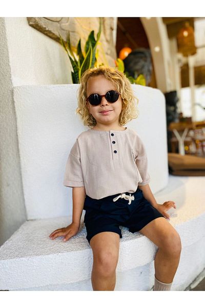 Next Baby Laciel Paris Cream Short Sleeve Muslin Shirt Navy Blue Shorts Bottom Top Set