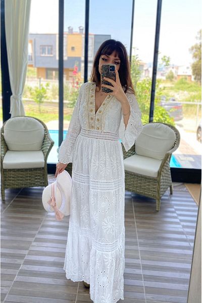 MODAGK Brode Detailed Collar Flower Embroidery Hurrem Model Dress