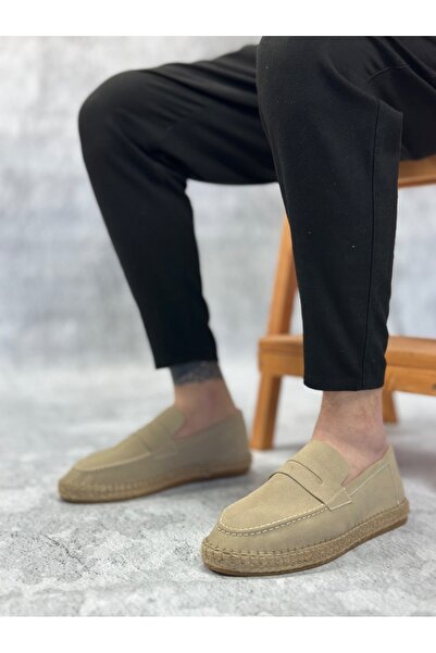 EBRUS TREND Et0359 Natural Leather Powder Laceless Rubber Handmade Espadrille Sole Cream Color Men's Shoes