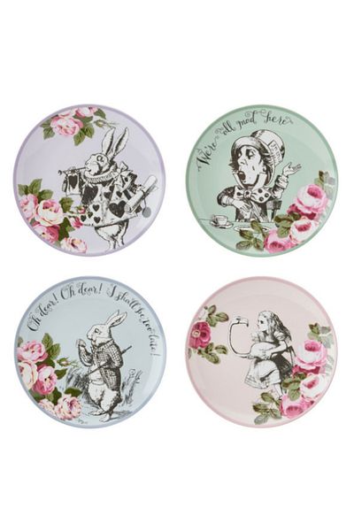 MIKASA X V&A Alice in Wonderland Fine China Porcelain 21cm Cake Plate Set of 4