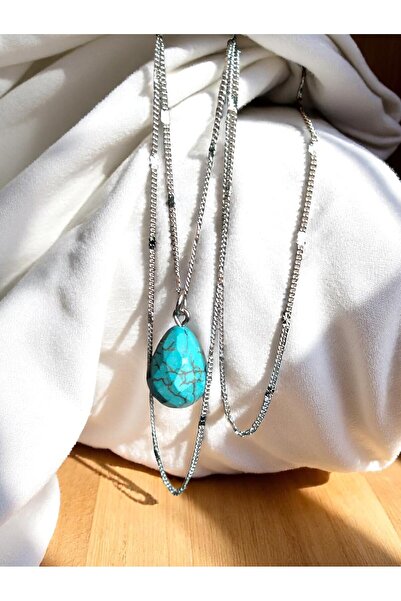 CLOVER JEWELRY Turkuaz (Firuze) Doğal Taş Gümüş Zincir Kolye