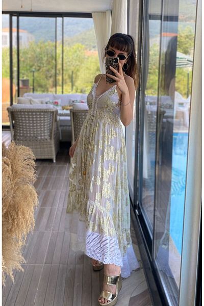 MODAGK Gold Pattern Detailed Skirt Embroidery Embroidered Design Tulle Dress