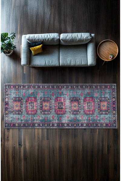 Cottier Mor ve Yeşil Modern Desenli Kaymaz Keçe Dot Tabanlı Yıkanabilir Salon...