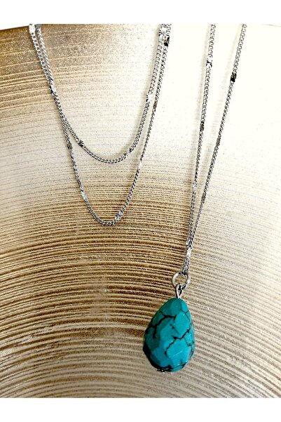 CLOVER JEWELRY Turkuaz (Firuze) Doğal Taş Gümüş Zincir Kolye