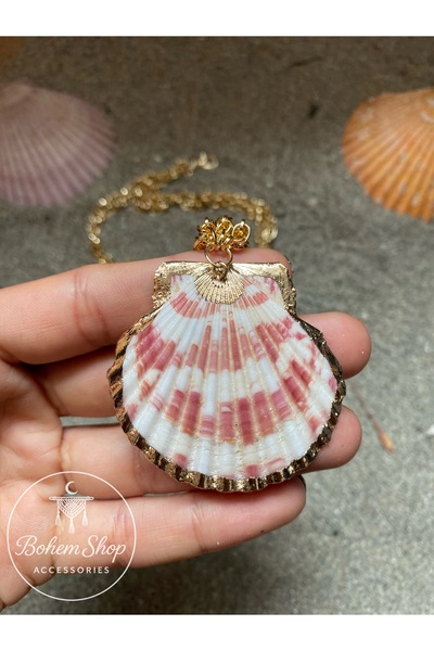 Bohem Shop Real Oyster Gold Chain, Seashell, Gold Beach Beach Summer Necklace Accessory Non-Tarnish