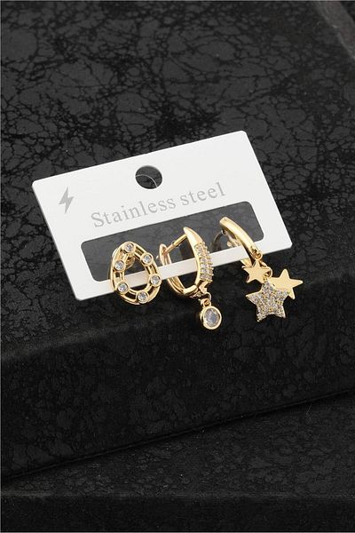 NKTCOLLECTİON Women's Gold Color Triple Star Figured and Zircon Stone Steel Earring Set