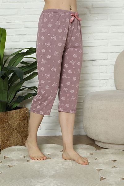 TOSKI Women's Pajama Pants Three Quarter Length, Purple, Flowers