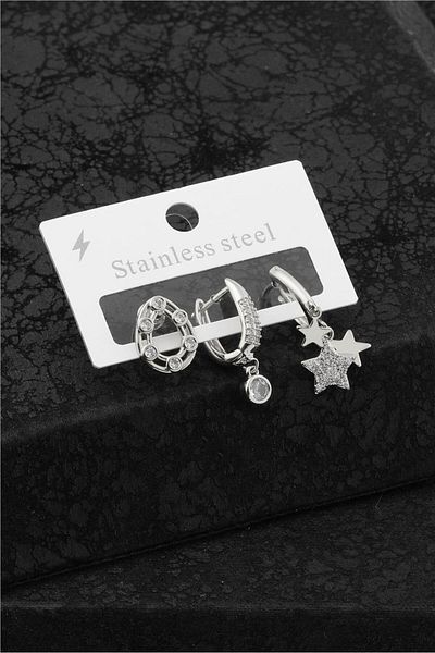 NKTCOLLECTİON Women's Silver Color Triple Star and Stone Detailed Steel Earring Set