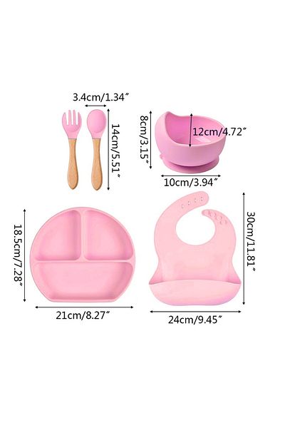 OEM Silicone baby feeding set, Darklove, 1 bib, 1 compartmentalized plate, 1 suction cup bowl, spoon and