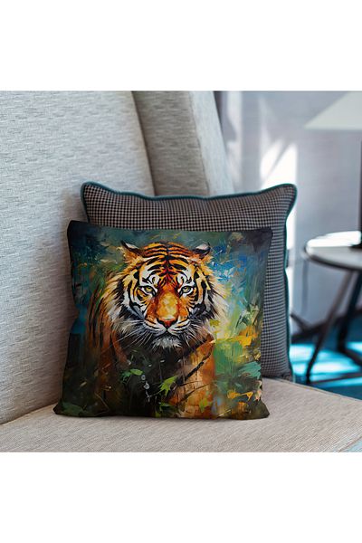 Hayal Dekoratif Realistic Scenic Nature Themed Digital Printed Throw Pillow with Tiger Figure - Pillow Case