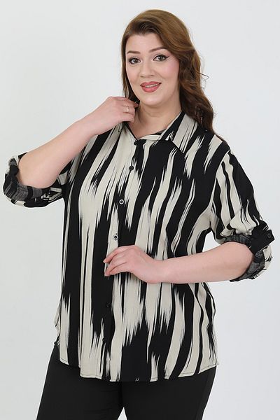 By Alba Collection Дамска черно-бяла риза от памук и вискоза, големи размери