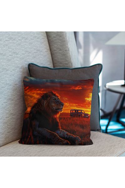 Hayal Dekoratif Realistic Scenic Nature Themed Digital Printed Throw Pillow with Lion Figure - Pillow Case